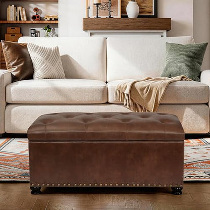 Joveco Storage Ottoman Bench 35" Faux-Leather Rectangular Tufted Ottomans Storage Room Organizer (Caramel) - color: Caramel
