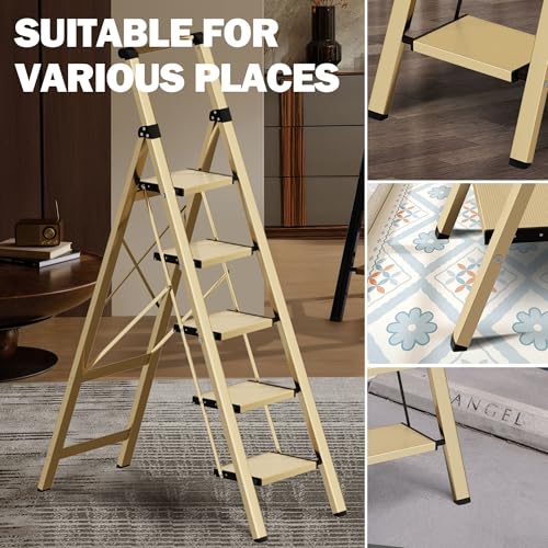 5 Step Step Ladder,Lightweight Folding Step Stool with Anti-Slip Aluminum Wide Pedal&Convenient Handgrip,Steel Ladder for Household and Office(Gold) - color: Gold, size: 5 Step