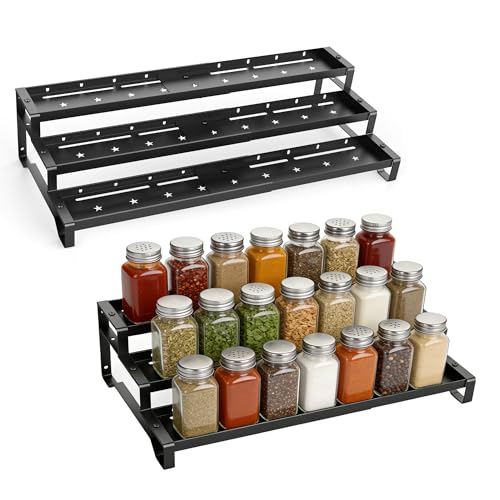 SANKEU Expandable Spice Rack Organizer for Cabinet 3 Tiered Metal Seasoning Organization with Guardrails Spice Shelf Storage for Jars Adjustable Length 13"-21" Black 2Pack - color: Black, size: 2 Pack-3 Tier