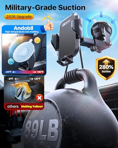 andobil Military-Grade Phone Holders for Your Car 【89+ LBS Strongest Suction & Metal Clip】 2026 Ultimate Car Phone Holder, Dashboard Windshield Vent Cell Phone Car Mount for iPhone Sumsung Android - color: Black