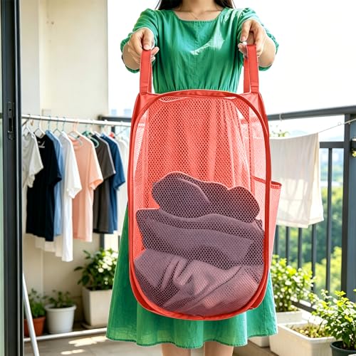 Larpur Popup Mesh Laundry Basket, Collapsible and Portable Clothes Washing Laundry Hamper with Reinforced Carry Handle (Red) - color: Red