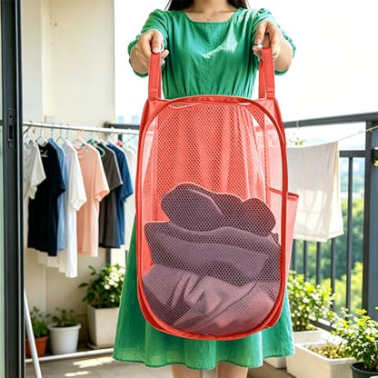 Larpur Popup Mesh Laundry Basket, Collapsible and Portable Clothes Washing Laundry Hamper with Reinforced Carry Handle (Red) - color: Red