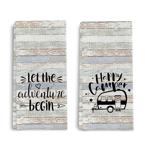 Rustic Camping Kitchen Towels Set of 2, Happy Camper Dish Towels, Hand Towels for RV, Decor and Gifts for Women, 16x24 Inch