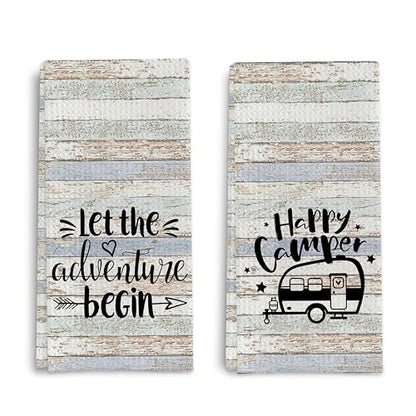 Rustic Camping Kitchen Towels Set of 2, Happy Camper Dish Towels, Hand Towels for RV, Decor and Gifts for Women, 16x24 Inch