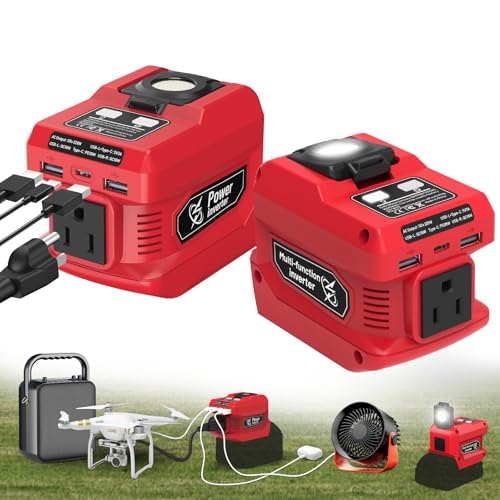 220W Power Inverter Compatible with Milwaukee 18V Battery, DC 18V to AC 110V Portable Power Station Generator with 1 AC Outlet, 2 USB Ports & 1 Type-C Fast Charging, 400LM LED Work Light (2-Pack) - color: Red, size: 2-PACK