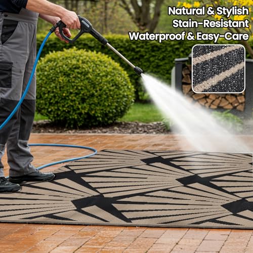 Reversible Outdoor Plastic Straw Rug 5x8 Ft, Waterproof Foldable Camping Mat with Uv Protection, Quick-Dry Plastic Straw Patio Carpet for Deck Rv Porch Backyard Black & Brown