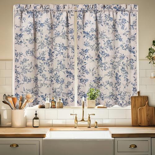 Farmhouse Kitchen Curtains 24 Inch Length Country Floral Window Curtain Over Sink Rustic Small Short Tier for Bathroom Cafe Rod Pocket (2 Panels, 27.5" W x 24" L) - color: Floral 03, size: 27.5"W x 24"L (Pack of 2)
