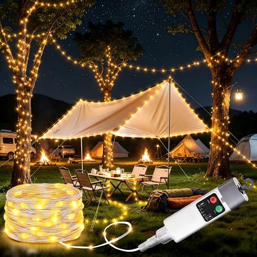 Joomer Camping String Lights, 33FT 100LED Rechargeable Outdoor Lights Waterproof, 13 Modes Camping Essentials Gear for Tent Awning Garden Patio Travel Decoration (Warm White) - color: Warm White, size: 33FT