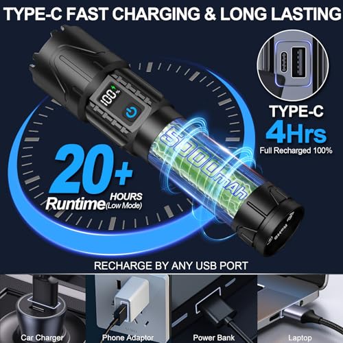 Banral Rechargeable Tactical Flashlights 2000 High Lumens - 5000mAh Super Bright LED Powerful Flash Light, Waterproof Handheld USB C Flashlight for Home,Car,Camping,Emergencies,5 Modes (1, Black) - color: Black