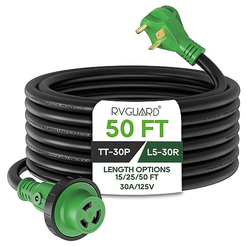 RVGUARD 30 Amp 50 Foot RV Power Extension Cord, Heavy Duty STW Cord with LED Power Indicator and Cord Organizer, 30 Amp Male Standard to 30 Amp Female Locking Connector, Green, ETL Listed - size: 50 Foot