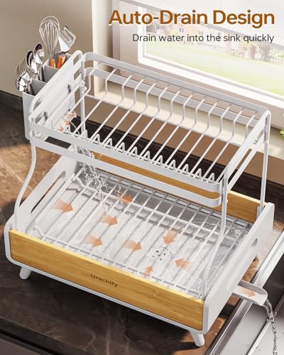 Urackify 2-Tier Dish Drying Rack, Large Stainless Steel & Bamboo Dish Rack for Kitchen Counter, Dish Drainers with Adjustable Automatic Spout, Drying Rack Kitchen with Utensil Holder, White - color: White, size: 2 Tier
