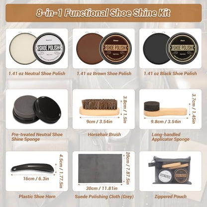 Cruzix Leather Shoe Polish Kit- Shoe Shine Gift for Men with Black Brown Neutral Shoe Polish Horsehair Brush Sponge Cloth - color: 3 Shoe Polish + 5 Tools