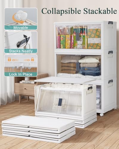 OlarHike 97QT Stackable Lockable Storage Bins with Lids - Folding Cabinet with Doors & Wheels, Collapsible Plastic Drawers for Closets and Organization, Garage, Shelves, College, School, 3 Pack Cubes - size: 97QT-White, style: 3Pack