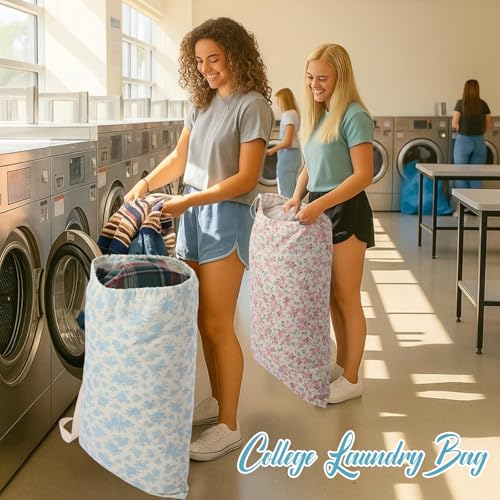 SATINIOR 2 Pcs Floral Laundry Bags 29" x 18" Pink Blue Canvas Travel Laundry Bags with Drawstring Shoulder Straps Washable Dirty Clothes Hamper Organizer for College Dorm Laundromat Apartment Camping - style: Floral