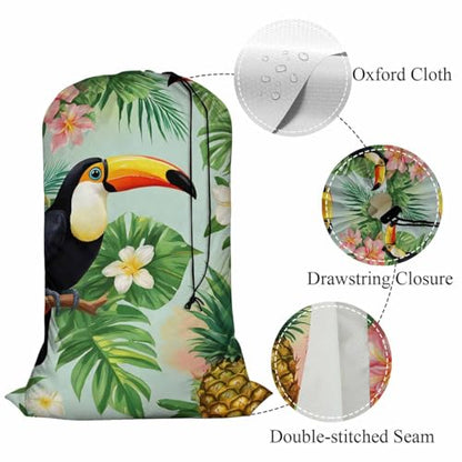Swono Toucan Birds Laundry Bags 28" x 40", Tropical Palm Leaves Pineapple Hibiscus Versatile - Multi Use, Football Grid Oxford Cloth Machine Washable, Exotic - color: Toucan Birds