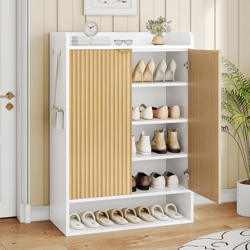 DreamDashio Fluted Shoe Cabinet Storage with Doors, 5-Tier Modern Shoe Storage Cabinet with Side Hooks, Open Shelf & Adjustable Shelves, Tall Shoe Rack Organizer Cabinet for Entryway, Hallway, White