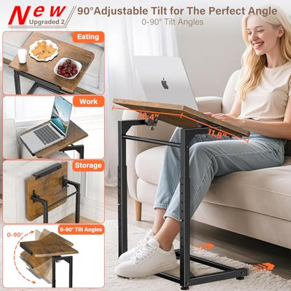 Tv Tray Table, 8-Level Adjustable Height Couch Side Table，90° Tilt Angle Adjustments C-Shaped End Table, with Phone & Tablet Slot Sofa Computer Desk for Couch, Sofa, Bed, Chair, Living Room (Brown) - color: Brown, size: 1 pcs