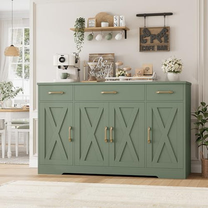 HOSTACK Buffet Sideboard Cabinet with Drawers, 55" Large Buffet Storage Cabinet with Shelves and Doors, Modern Farmhouse Coffee Bar Station for Kitchen, Dining Room, Green - color: Green