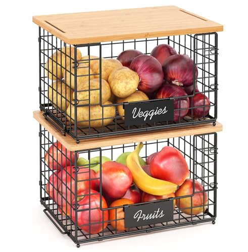 2 Pack Stackable Wire Baskets with Bamboo Top for Pantry Organizers and Storage, XXL Kitchen Organization Counter Basket for Fruit, Vegetable, Produce, Bread, Potato and Onion Storage Bins - size: XXL-15.2x11.02x9.84