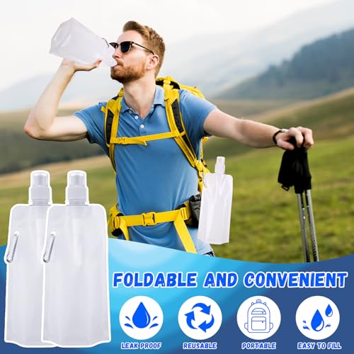 Teenyyou 24 Pack Collapsible Water Bottles Bulk 16oz Foldable Water Bottles with Carabiner Reusable Drinking Leak Proof Container Bags for Sport Biking Hiking Camping Travel Outdoor (White) - color: White