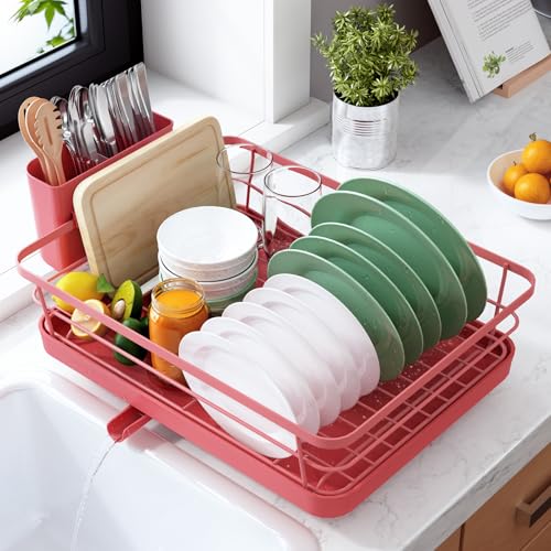 Kitsure Dish Drying Rack for Kitchen Counter, Stainless Steel Sink Organization and Storage Essentials with Cutlery Holder, Home and Appartment Decor, 12''W x 15.5''L, Red - color: Red, size: 12''W x 15.5''L - 1 Tier