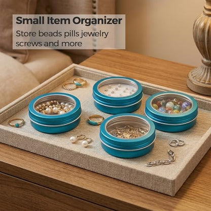 2 oz (60ml) Aqua Blue Aluminum Tins with Clear Lids and Labels, 24 Pack | Clear View Lid, Secure Packaging, Tight Screw Lids, Includes Blank Labels, 11 Color Options - color: Aqua Blue