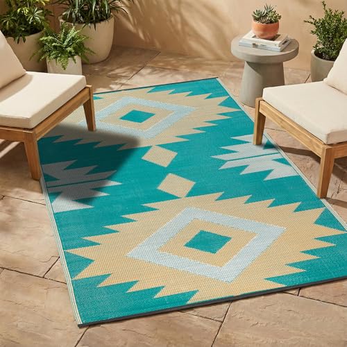 FH Home Outdoor Rug - Waterproof, Fade Resistant, Reversible - Premium Recycled Plastic - Geometric - Patio, Deck, Porch, Balcony - Bursa Kilim - Teal Crease Free - 5 x 8 ft - color: Bursa Kilim - Teal, size: 5' x 8' (Rectangular)