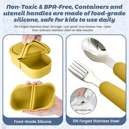 Silicone Snack Containers for Kids (8.5Oz, 2-Compartment)+ Kids Silicone Cutlery Set (Spoon and Fork) - BPA Free, Leak Proof, Great for Toddler/Kid/Adult Meal Prep Containers (yellow) - color: Yellow