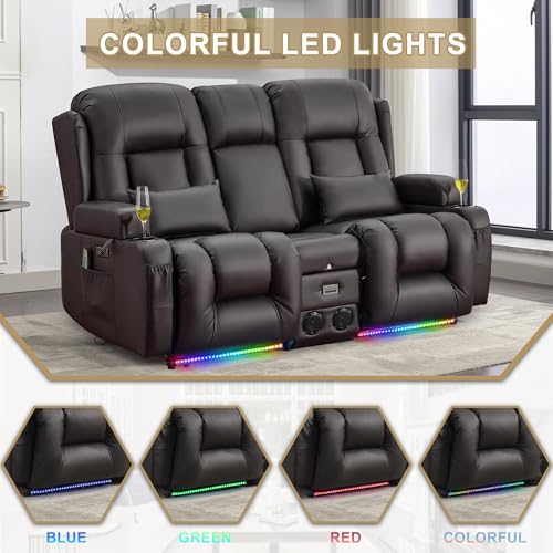 URRED Power Loveseat Recliner Sofa with Massage and Heat, Wall Hugger Reclining Loveseat with Console, RV Couch Home Theater Seating with LED Lights for Living Room (Dark Brown, 67" - 2 Seats) - color: Dark Brown, size: 67" - 2 Seats