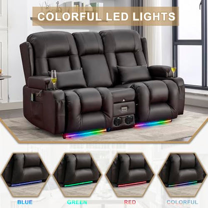 URRED Power Loveseat Recliner Sofa with Massage and Heat, Wall Hugger Reclining Loveseat with Console, RV Couch Home Theater Seating with LED Lights for Living Room (Dark Brown, 67" - 2 Seats) - color: Dark Brown, size: 67" - 2 Seats