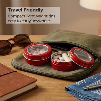 2 oz (60ml) Red Aluminum Tins with Clear Lids and Labels, 24 Pack | Clear View Lid, Secure Packaging, Tight Screw Lids, Includes Blank Labels, 11 Color Options - color: Red
