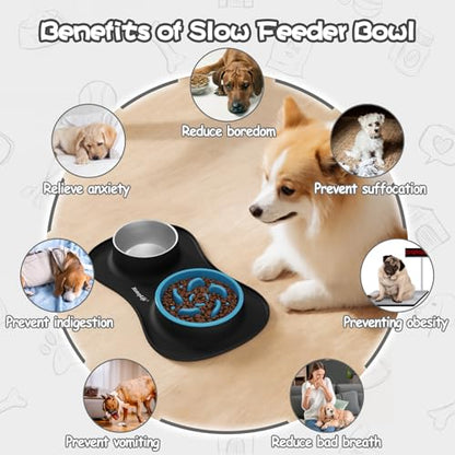 MateeyLife Dog Food and Water Bowl Set 3 in 1, Slow Feeder Dog Bowls & Stainless Steel Water Bowl with Non-Spill Silicone Mat, Cat and Puppy Bowls Pet Dishes for Small Medium Large Breed Anti-Choking - color: Black, size: Large