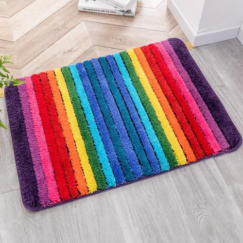 NIENLCIP Colorful Rainbow Striped Non Slip Microfiber Bathroom Rug19 X27 | Soft plush microfiber, vibrant rainbow striped design, absorbent quick dry, washable, non slip backing for wet shower floors - color: Striped Rainbow, size: 1'7" x 2'3" (Rectangula