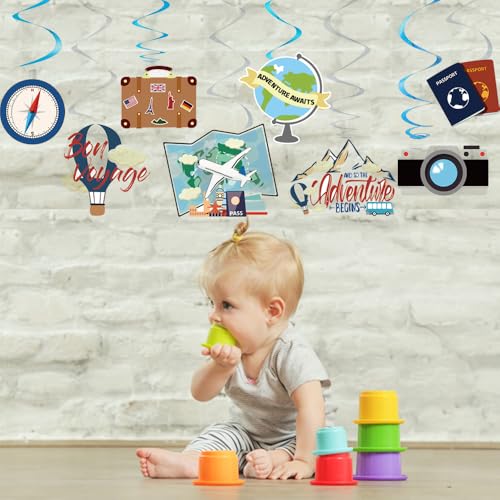 30PCS Travel Themed Hanging Swirl Party Decorations, Adventure Awaits Bon Voyage Signs Party Supplies for Birthday Party Retirement Party Farewell or Wedding Bachelorette Baby Shower Classroom Decor