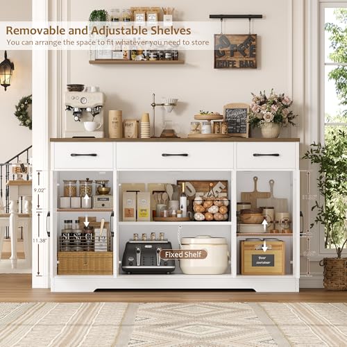 HOSTACK Buffet Cabinet with Drawers, 55" Large Sideboard Buffet Storage Cabinet with Shelves and Doors, Modern Farmhouse Coffee Bar Station Wood Kitchen Table for Kitchen, Dining Room, White/Rustic - color: White/Rustic