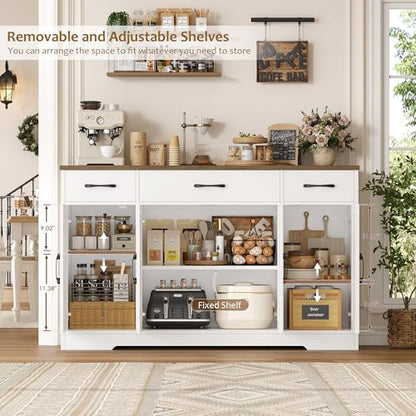 HOSTACK Buffet Cabinet with Drawers, 55" Large Sideboard Buffet Storage Cabinet with Shelves and Doors, Modern Farmhouse Coffee Bar Station Wood Kitchen Table for Kitchen, Dining Room, White/Rustic - color: White/Rustic