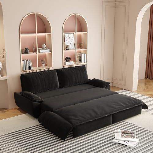 KEIKI 73.2" Queen Sleeper Sofa Bed, 3-in-1 Convertible Pull Out Couch with Chaise Lounge, Modern Velvet Futon Loveseat, Compact Sofa Bed for Small Apartment Studio Living Room Space Saving Furniture - color: Matte Black, size: 73.2 Inch Queen