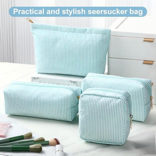 Sanwuta 4 Pcs Seersucker Pouch Cosmetic Bag Set Seersucker Makeup Bag Women Stripe Large Travel Toiletry Organizer Aesthetic Preppy Storage for Embroidery Women Bridesmaid Gifts(Light Blue) - color: Acid Blue