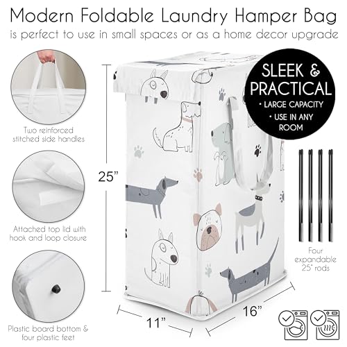 Sweet Jojo Designs Laundry Hamper (Dog) for Boys & Girls, Foldable Dirty Clothes Basket with Handles for Baby Nursery, Kids Bedroom, Teen Bathroom (Grey, Modern Puppy Pet, Watercolor Puppies, Bulldog) - color: Grey Dog