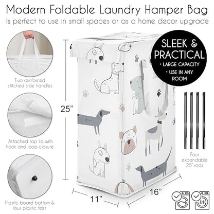 Sweet Jojo Designs Laundry Hamper (Dog) for Boys & Girls, Foldable Dirty Clothes Basket with Handles for Baby Nursery, Kids Bedroom, Teen Bathroom (Grey, Modern Puppy Pet, Watercolor Puppies, Bulldog) - color: Grey Dog