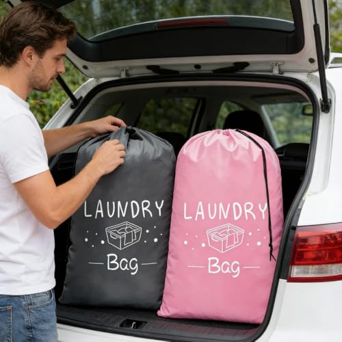 2 Pack XL Travel Laundry Bag, Dirty Clothes Organizer with Drawstring, Large Enough to Hold 4 Loads of Laundry， Easy Fit a Laundry Hamper or Basket，24" x 36" - color: Grey+Pink