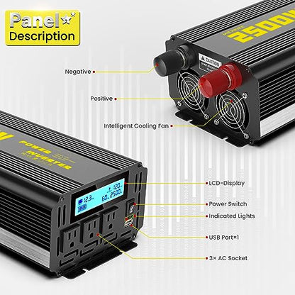 2500 Watt Modified Sine Wave Power Inverter, 12V DC to AC 110V/120V (Peak) 5000W Converter 3 Outlet Car Inverter with Remote Control and LED Display 3.4V USB Port - size: SY-12V-2500