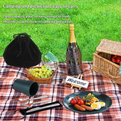 Evanda Camping Cutlery Set, Reusable Light Weight Mug, Plate and Stainless Steel Cutlery Set with Black Bag, Dishwasher Safe - color: 1.1 Person