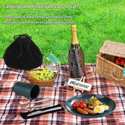 Evanda Camping Cutlery Set, Reusable Light Weight Mug, Plate and Stainless Steel Cutlery Set with Black Bag, Dishwasher Safe - color: 1.1 Person