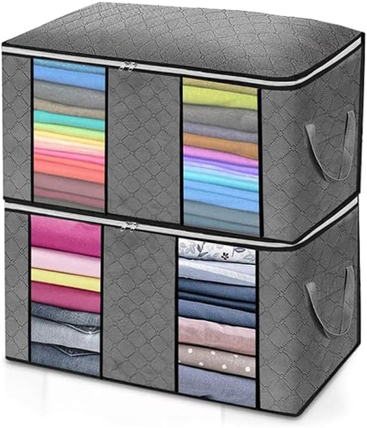 2-Pack Heavy-Duty Storage Bags with Zipper & Dual Clear View Windows | Waterproof Travel & Moving Organizers for Clothes,Bedding,Blankets | Foldable Reinforced Handles | Space-Saving Design,Grey. - color: Grey