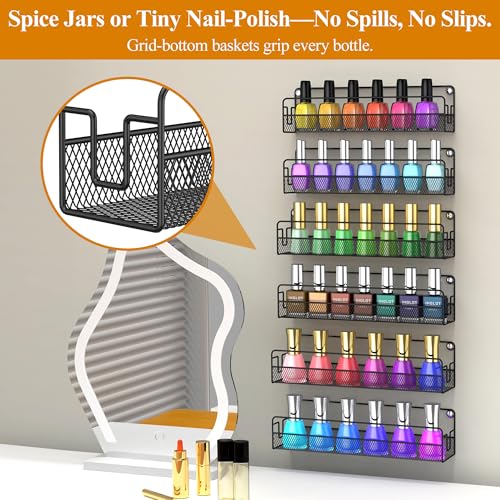 Wall Mounted Spice Rack Organizer, Pantry Door Organizer & Hanging Storage Baskets, Metal Spice Shelf for Kitchen Cabinet, 3 Depth Sizes Hold Large Jars to Nail Polish Bottles, 6 Pack - size: 6 Tier