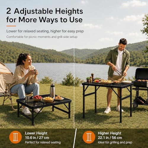 Folding Grill Table Camping Table with Mesh Desktop, Lightweight & Portable Outdoor Picnic Table, Height Adjustable Portable for Outside Inside Use - size: Regular Size