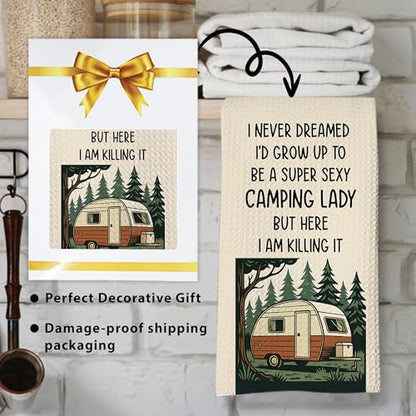 Camping Kitchen Towels 16x24 Waffle Weave, I Never Dreamed I’d Grow Up to Be a Super Sexy Camping Lady Dish Towels, Camp RV Gifts for Women, Gifts for Campers -A06 - color: Camping_06