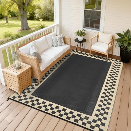 Garvee Outdoor Rug 9x12 Waterproof Reversible Patio Rug Modern Geometric Outdoor Carpet, Fade-Proof & Weather Resistant Minimalist RV Picnic Camping Mat for Garden Backyard Balcony, Black & Beige - color: Black & Beige, size: 9' x 12' (Rectangular)