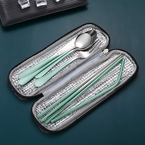 Travel Utensils,Reusable Silverware Set To Go Portable Cutlery Set with a Waterproof Carrying Case for Lunch Boxes Workplace Camping Picnic (GraGreen) - color: Gradient Green + TeaSpoon